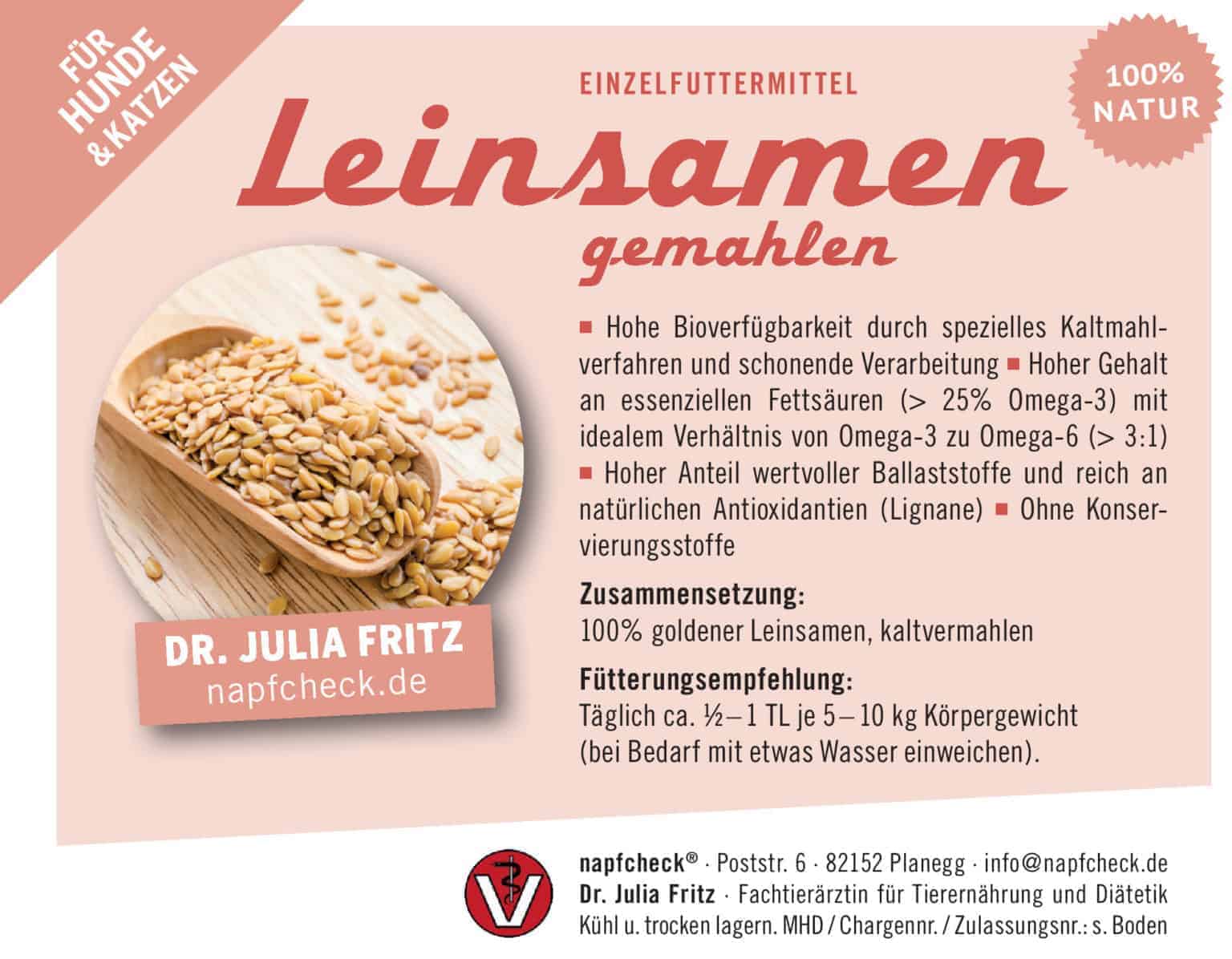 napfcheck Leinsamen kaltgemahlen Omega3 für Hunde und Katzen